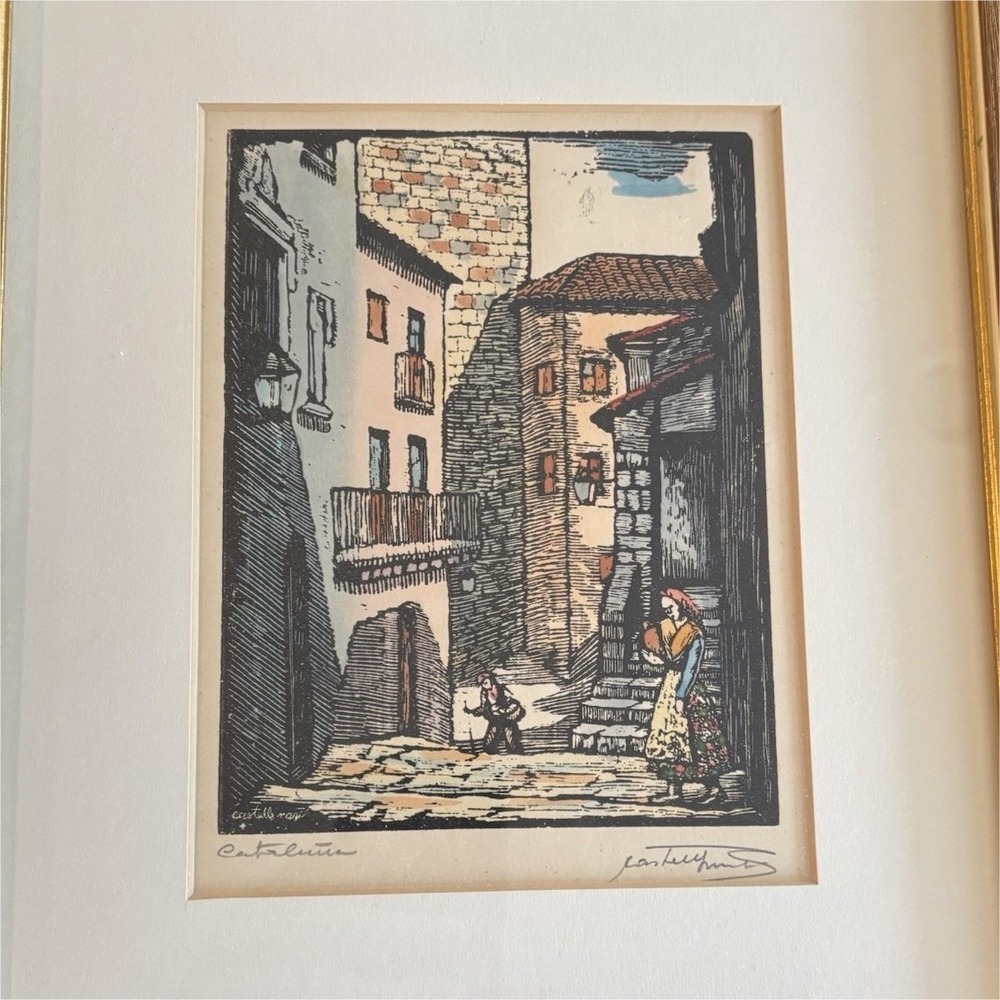 Vintage Castell Mají Cataluña, Signed Matted Framed Print Street Scene Catalonia